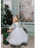 Long Sleeves Light Blue Snowflake Tulle Flower Girl Dress